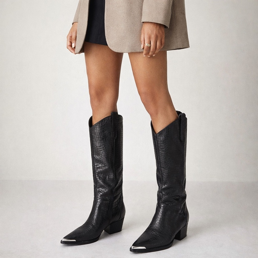 Black Leather Croc-Embossed Knee-High Boots Metal Toe Cap EU 39/ US 8.5-9